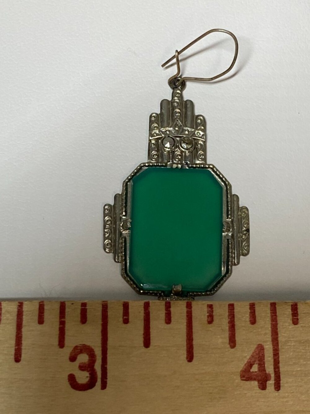 Art Deco 1930s Chrysoprase Marcasite Sterling Silver Earrings Antique - Picture 12 of 15